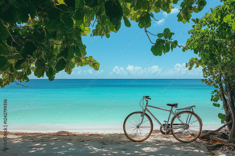 Fototapeta premium A bike parked near a beach with the ocean in the background