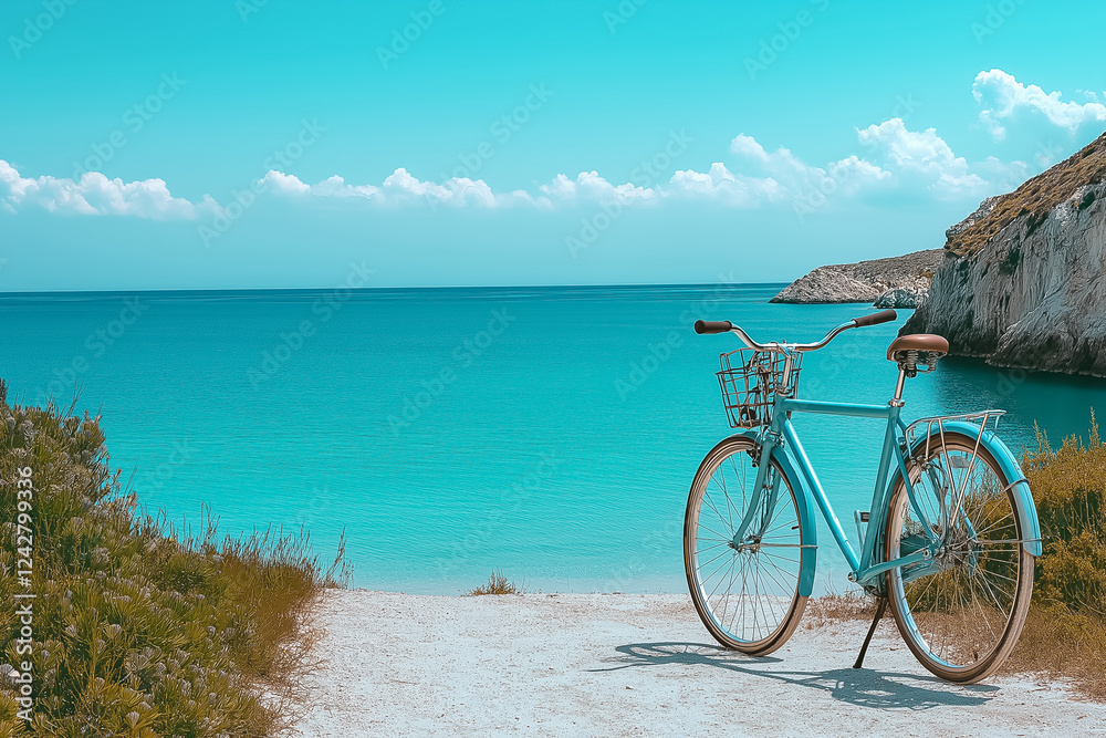 Fototapeta premium A bike parked near a beach with the ocean in the background