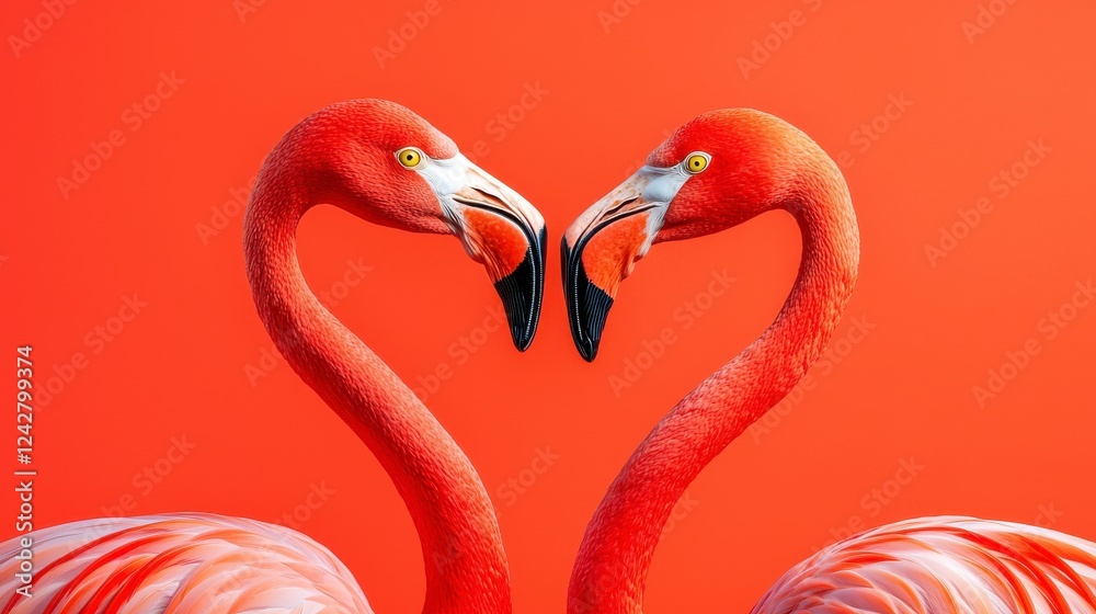 Fototapeta premium Two flamingos form a heart shape with their necks against a vibrant orange background, symbolizing love and connection.