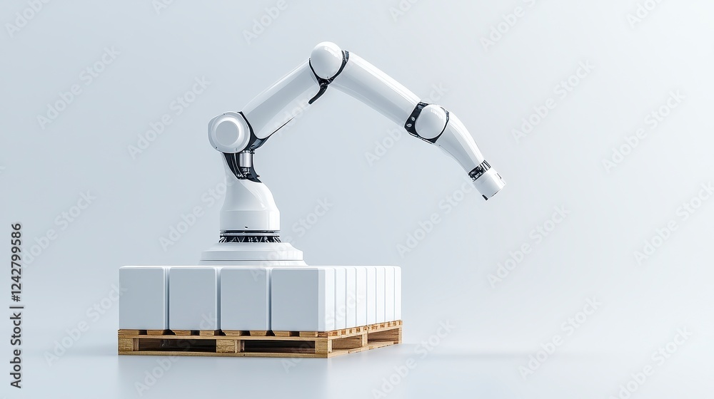 White Robotic Arm and Stack of Boxes on Pallet White Robotic Arm and Stack of Boxes on Pallet
