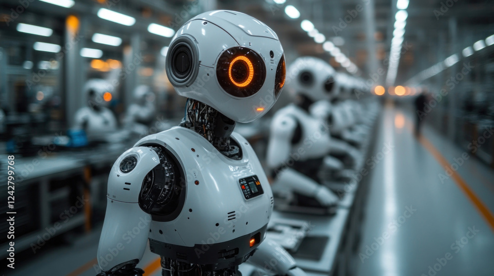 The interior of a robotics factory producing advanced humanoid robots, with engineers ensuring quality control The interior of a robotics factory producing advanced humanoid robots, with engineers ensuring quality control