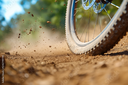 A close-up of a bike wheel spinning on a dirt path during a race photo