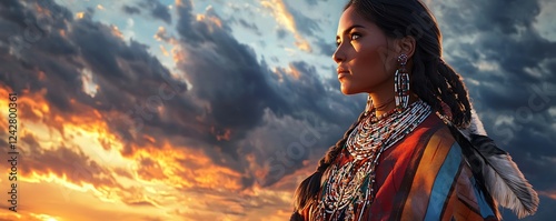 Tribal woman wearing symbolic beadwork and ancestral clothing against a dramatic sunset