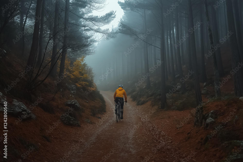 A cyclist pedaling through a foggy forest path in autumn photostock style A cyclist pedaling through a foggy forest path in autumn photostock style