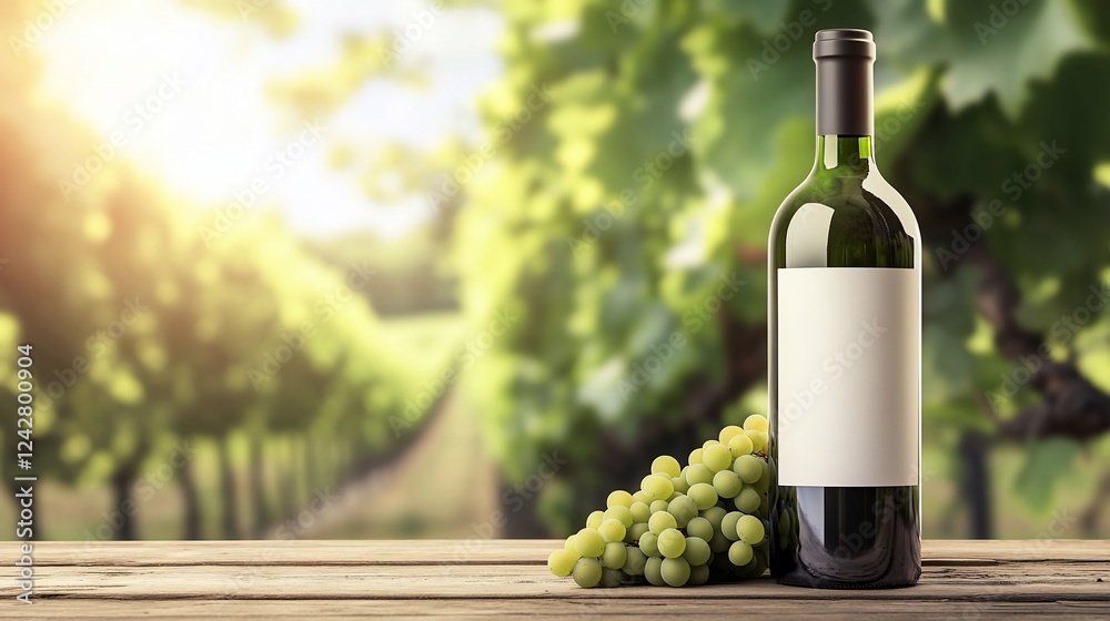 Obraz premium White wine bottle with grapes on wooden table, vineyard background.