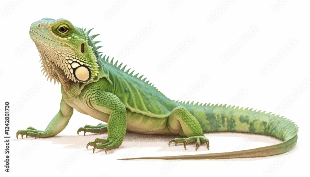 Obraz premium Green iguana lizard with detailed scales isolated on white background