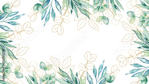 Watercolor eucalyptus green and golden leaves background animation growing moving minimal decoration botanical ecological cosmetic wedding invitation spring summer plants