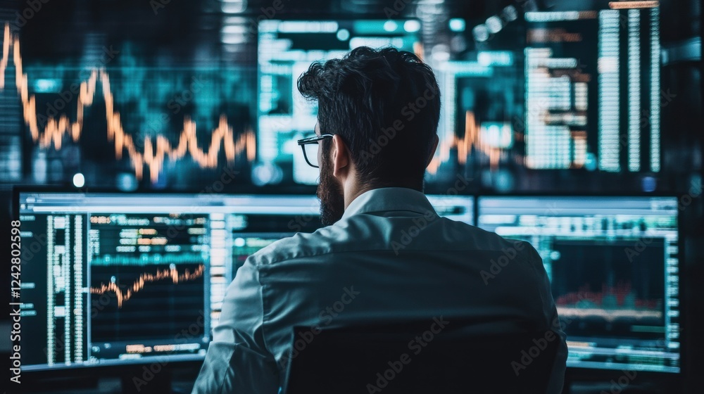 Nightly Stock Market Analysis: A Focused Trader Observes Fluctuating Charts Nightly Stock Market Analysis: A Focused Trader Observes Fluctuating Charts