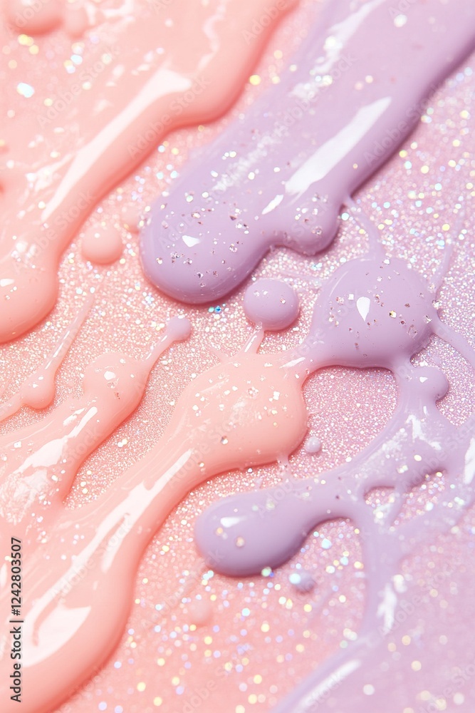 Fototapeta premium Soft pastel shades of coral and lavender blend seamlessly, with scattered glitter droplets resembling dew, creating a whimsical and delicate atmosphere perfect for creative inspiration