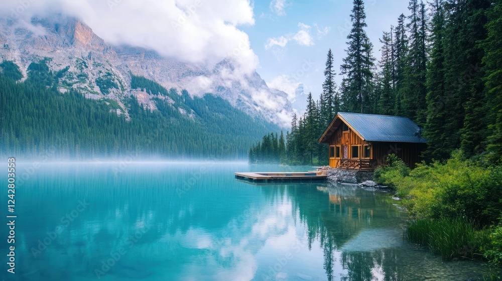 Fototapeta premium Mountain Lake Cabin Peaceful Serene Nature Escape