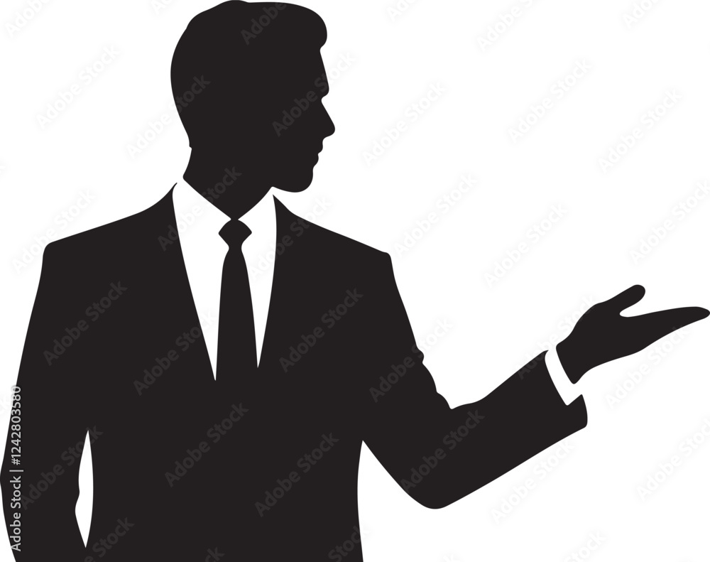 A simple, elegant silhouette of a businessman presenting something, likely a product or concept. A simple, elegant silhouette of a businessman presenting something, likely a product or concept.