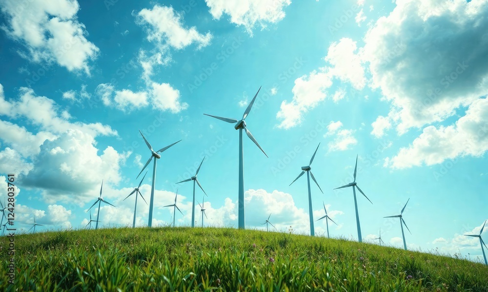 Wind turbines rise above the grass like metal sentinels under a partly clouded blue sky with scattered clouds, energy generation, wind turbines Wind turbines rise above the grass like metal sentinels under a partly clouded blue sky with scattered clouds, energy generation, wind turbines