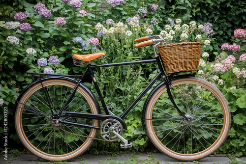 A vintage bicycle with a wicker basket in front of a flower garden photo