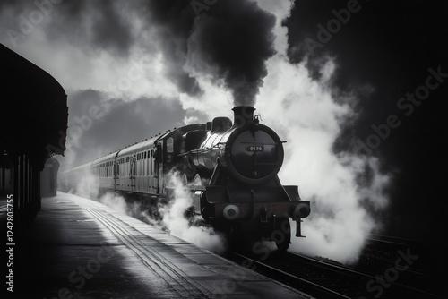 Vintage steam train departing from a station platform, emitting a cloud of smoke, captured in a dramatic black and white photograph