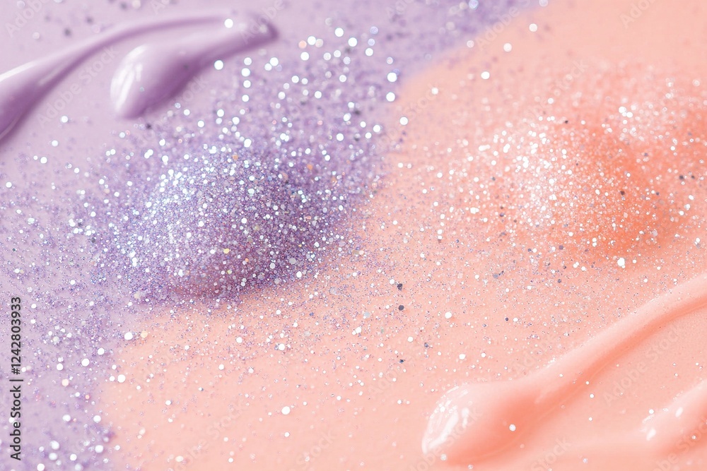 Fototapeta premium Pastel hues blend seamlessly with shades of coral and lavender, enhanced by scattered glitter droplets, creating an enchanting and delicate atmosphere