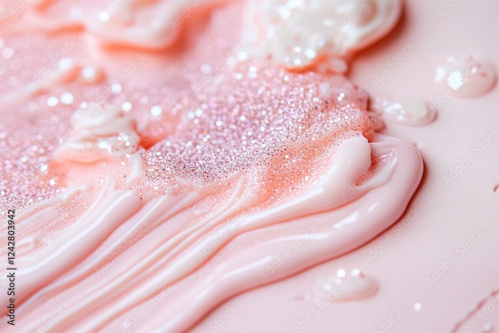 Fototapeta premium A gentle blend of coral and lavender creates a soothing pastel gradient, while small glitter droplets resemble dew, adding a touch of whimsy and delicacy to the composition