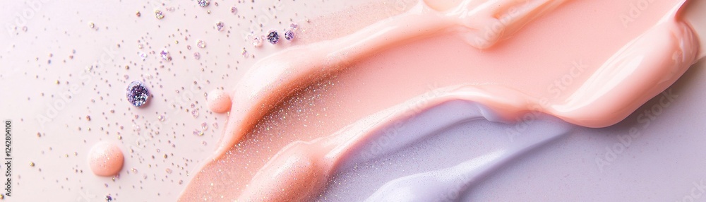 Fototapeta premium Soft pastel gradient flows in coral and lavender shades, adorned with sparkling droplets that evoke a delicate and dreamlike essence, perfect for artistic exploration