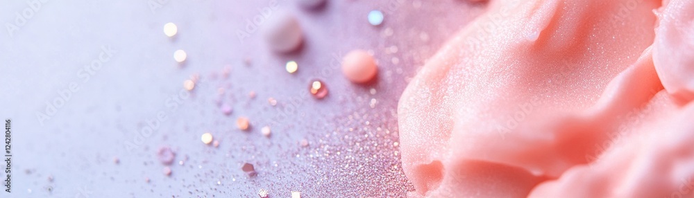 Fototapeta premium A soft pastel gradient of coral and lavender covers the surface, while scattered glitter droplets create a whimsical feel. The colors blend together, offering a calm and enchanting atmosphere
