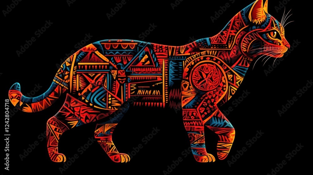 Fototapeta premium Tribal Cat Profile, Colorful Pattern, Dark Background, Apparel Print