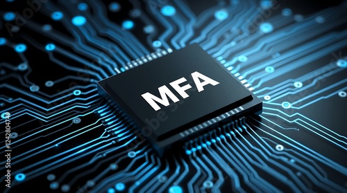 MFA Microchip on Circuit Board – Multi-Factor Authentication & Cloud Security, cloud technology, Saas, Paas, Iaas. AWS Services, technology background