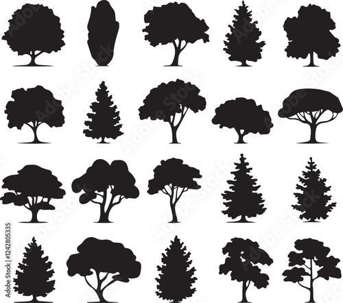 Pine tree silhouettes. Evergreen forest firs and spruces black shapes, wild nature trees templates. Vector illustration woodland trees set on white background