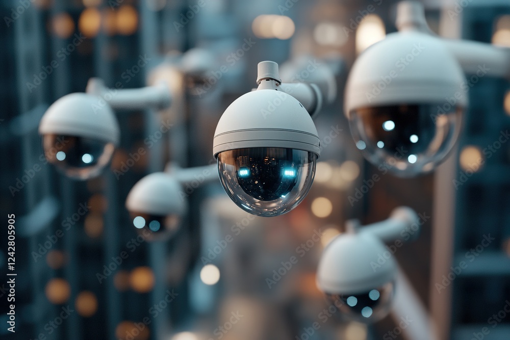 Aerial view captures multiple security cameras installed across an outdoor urban area, emphasizing the network's efficiency in surveillance and monitoring Aerial view captures multiple security cameras installed across an outdoor urban area, emphasizing the network's efficiency in surveillance and monitoring
