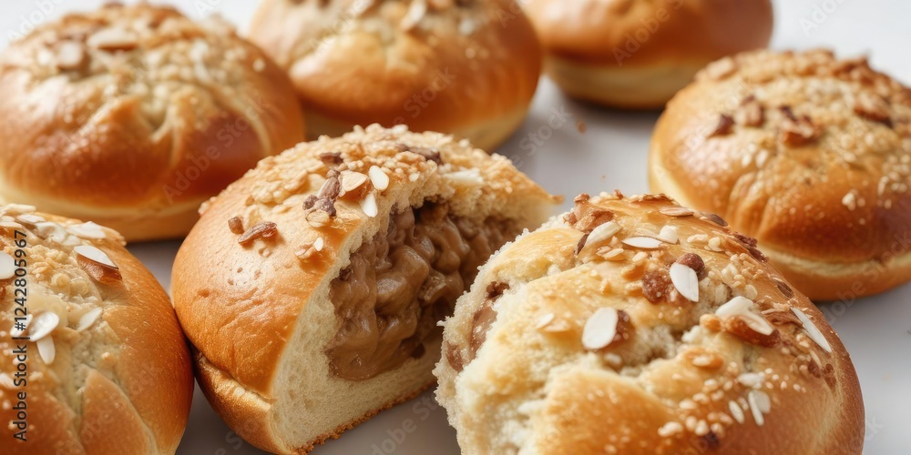 Wheat bun filled with coconut jam pieces on white background, dessert, coconut spread, sliced, bakery, traditional Wheat bun filled with coconut jam pieces on white background, dessert, coconut spread, sliced, bakery, traditional