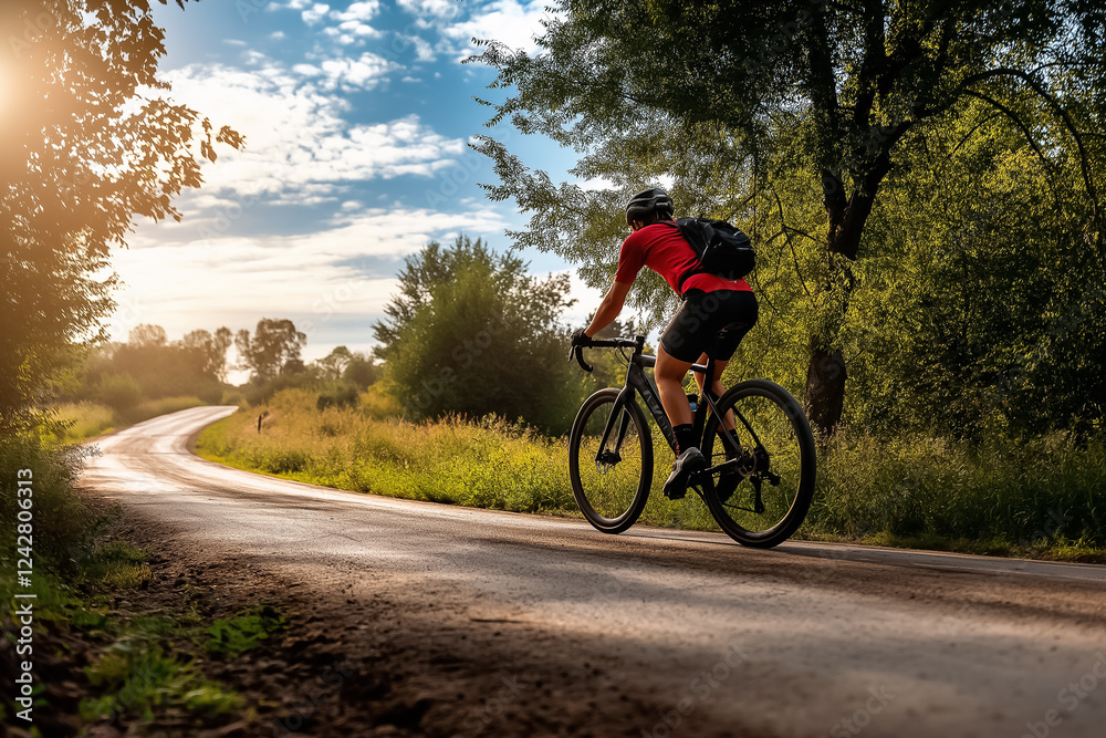 Male cyclist riding a bicycle outdoors on a picturesque rural road Male cyclist riding a bicycle outdoors on a picturesque rural road