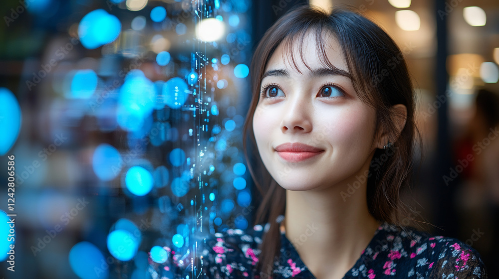 Smiling woman exploring a digital metaverse with holographic interface. Smiling woman exploring a digital metaverse with holographic interface.