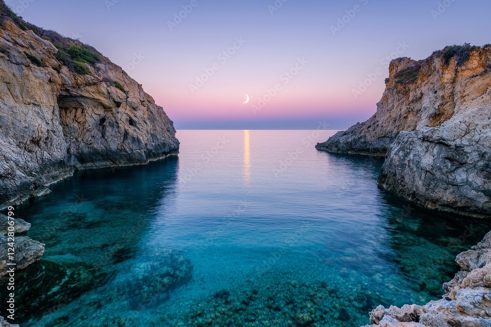Fototapeta premium Crescent moon shining above the transparent waters of the Blue Lagoon. Rugged cliffs on either side