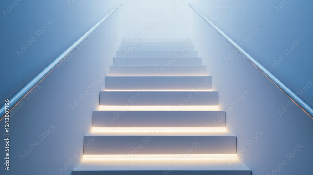Brightly lit stairs lead to serene, foggy space, creating modern and inviting atmosphere. soft glow enhances minimalist design, perfect for contemporary settings Brightly lit stairs lead to serene, foggy space, creating modern and inviting atmosphere. soft glow enhances minimalist design, perfect for contemporary settings