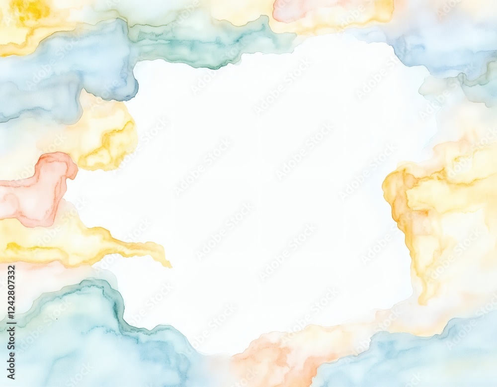 AI image Gentle watercolor frame with soft blue, green, and yellow hues, surrounding a bright white center.