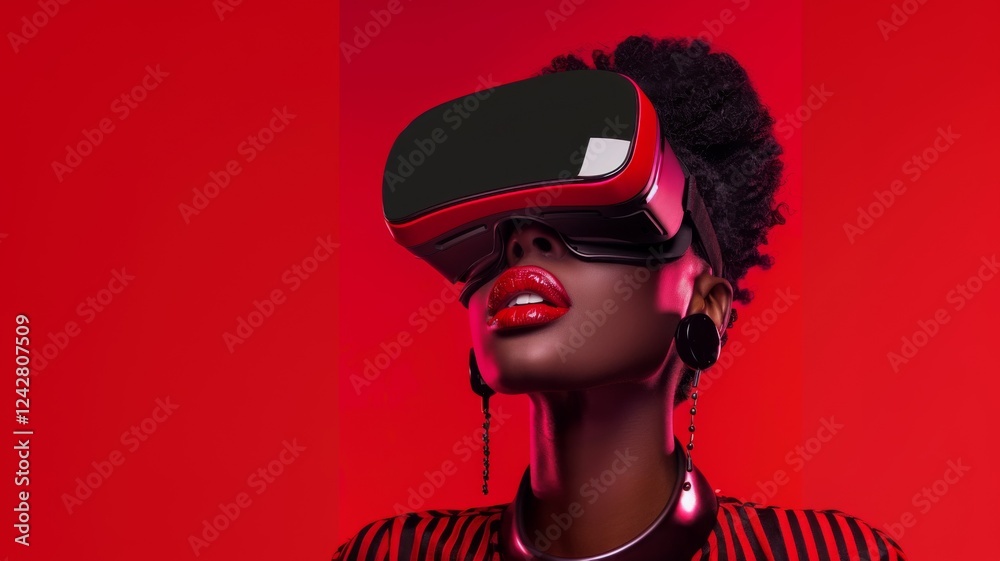 Woman wearing VR virtual reality headset. Female with VR headset on dark background.
Woman wearing VR virtual reality headset. Female with VR headset on dark background.