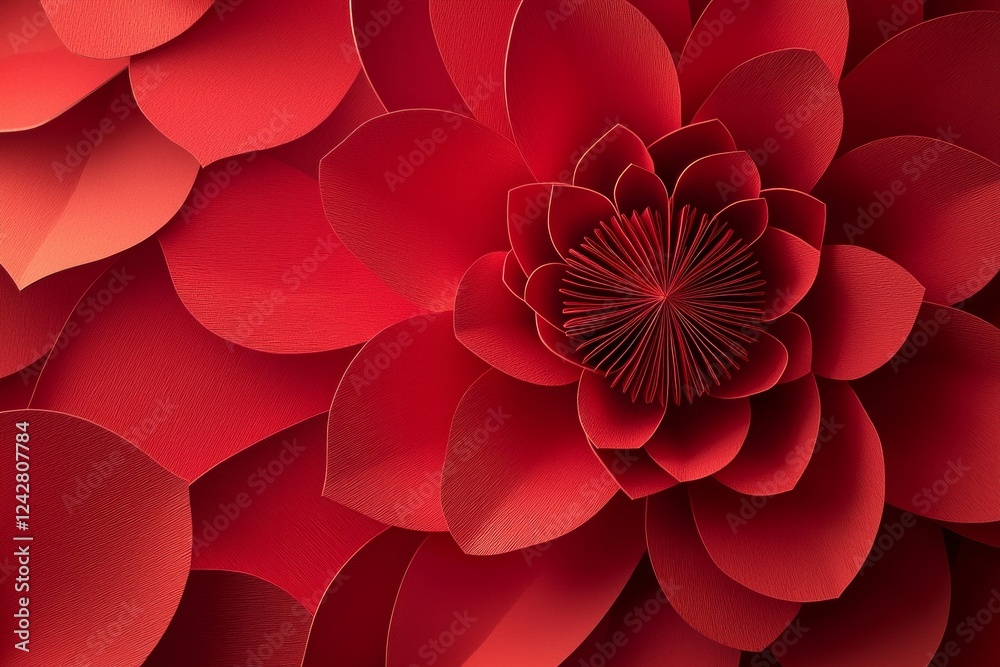 Red paper cutout flower background, a red color scheme, layered petals with intricate details Red paper cutout flower background, a red color scheme, layered petals with intricate details