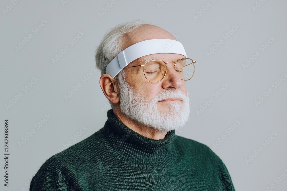 Aging Population Support Concepts. Elderly man with glasses and headband, looking serene and contemplative. Aging Population Support Concepts. Elderly man with glasses and headband, looking serene and contemplative.