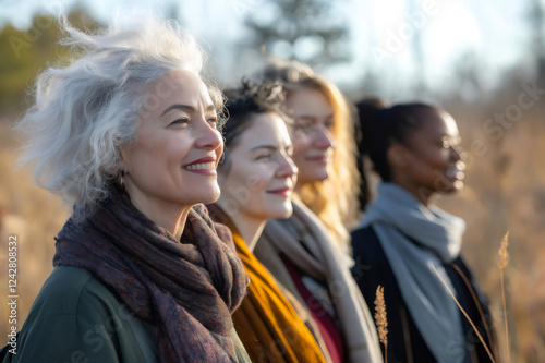 Four women of different ages and ethnicity standing side by side, smiling and looking up in a field