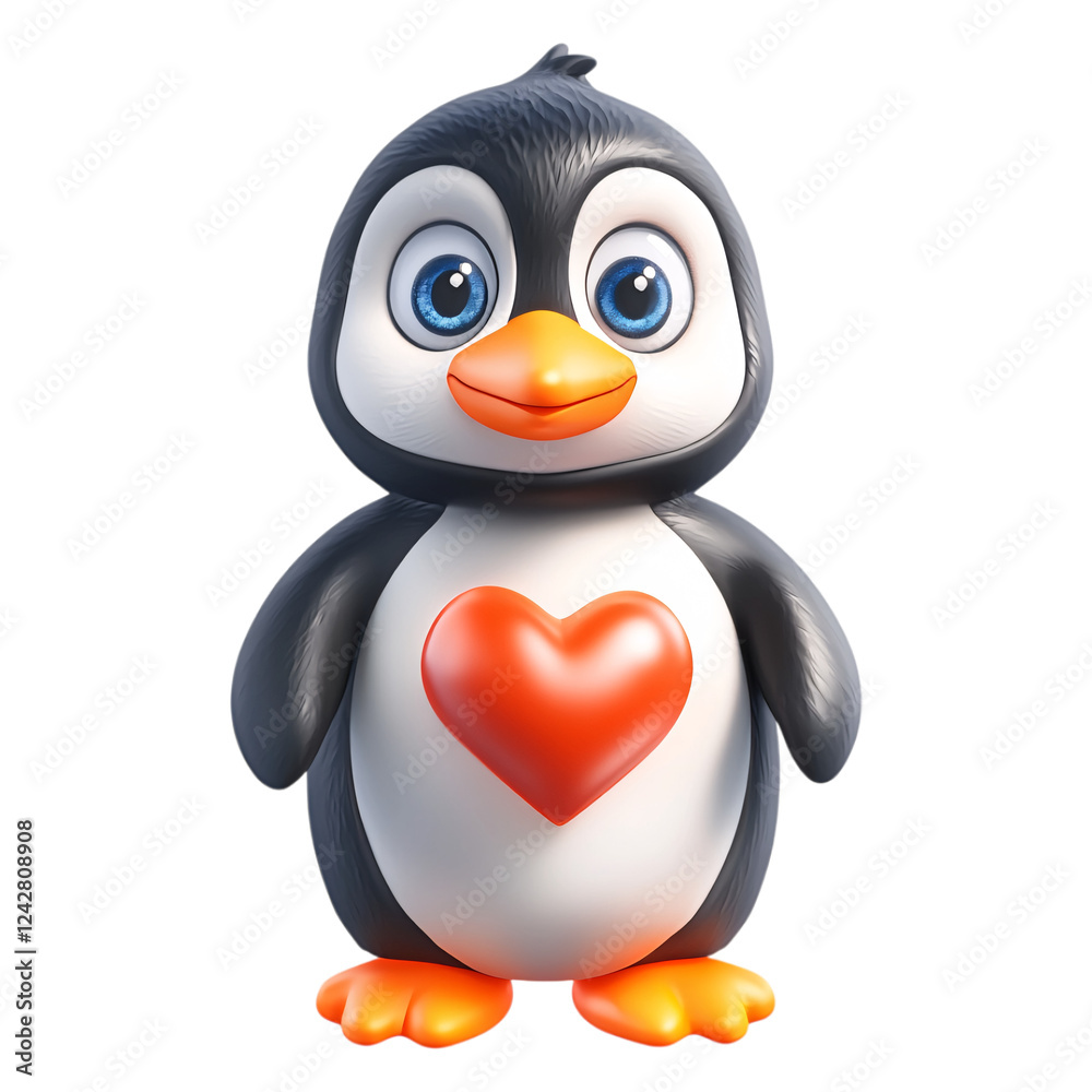 Obraz premium Close-up of baby penguin and heart-shaped snowball in antarctica, valentine day, transparent background, isolated on white background, 3D render, PNG