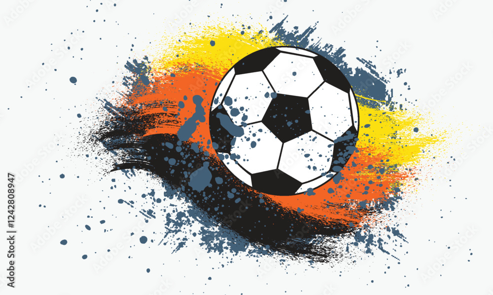 Fototapeta premium Vector illustration for football. Soccer ball on a white background. Grunge background. Yellow, red, turquoise spots.