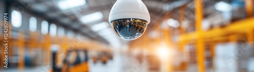 Surveillance camera captures a bustling warehouse floor where workers in high-visibility vests operate forklifts. The focus is on ensuring a secure and efficient environment for daily tasks photo