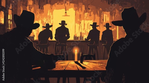 Cowboys Silhouetted In A Saloon At Night photo