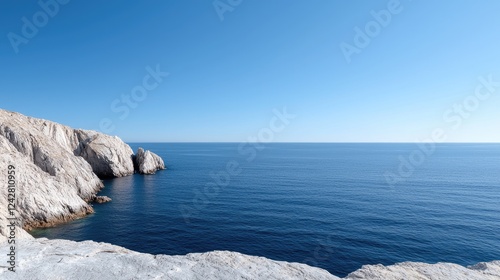 Aegean Sea coastal cliffs, clear sky, serene landscape, travel postcard