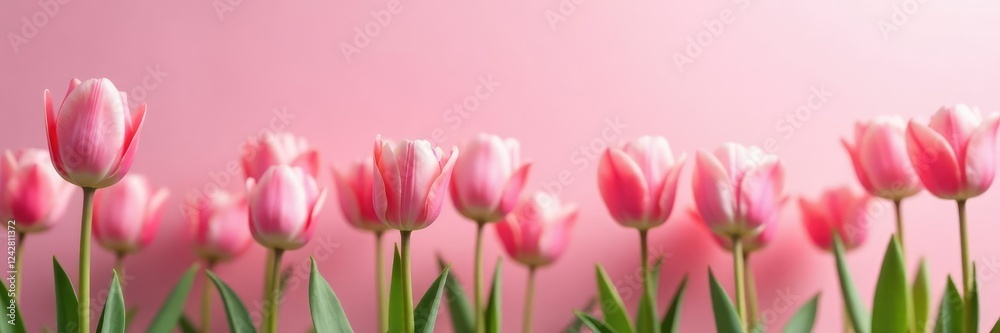 Obraz premium Soft pink tulips bloom in a serene field on a pale pink background, flowers, blossom, nature landscape