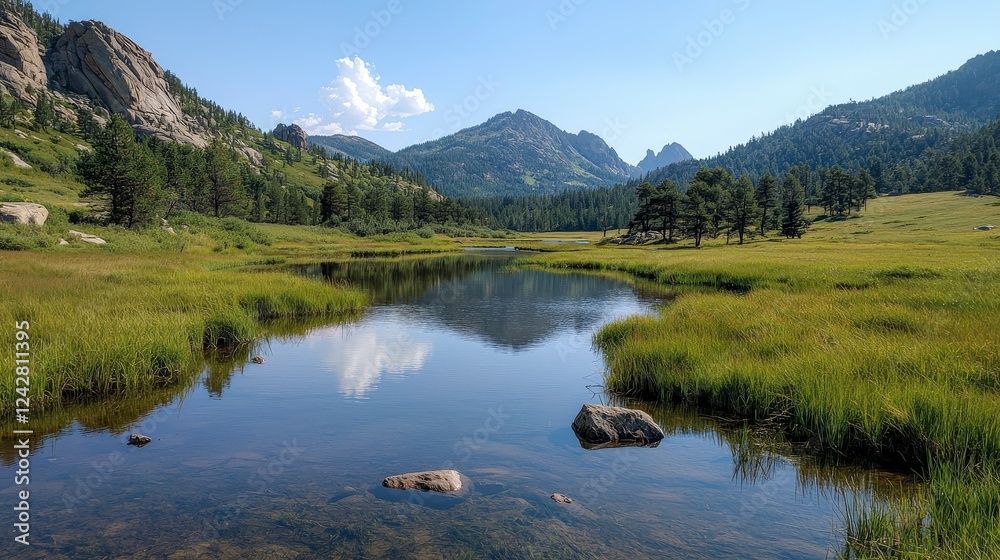 Fototapeta premium Serene Mountain Landscape with Reflections in Tranquil Water and Lush Greenery Beneath a Clear Blue Sky