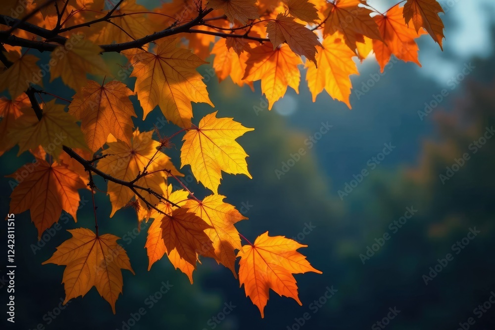 Softly glowing last yellow leaves on treetop branches in the twilight, tree tops, glowing leaves, autumn foliage