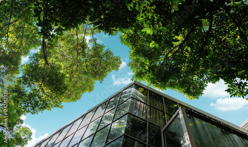 Modern glass office building with big trees around to reduce heat and carbon dioxide. Eco-friendly building. Sustainability concept photo