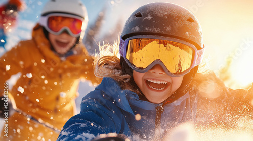 Indian Children in navy blue ski uniforms, smiling brightly in the snowy landscape of Sierra Nevada.
