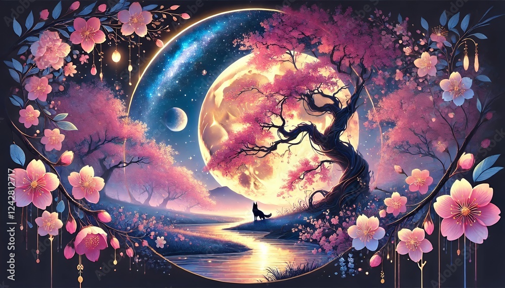 Obraz premium Mystical Sakura Night: Cherry Blossoms and Fox Under a Celestial Moon