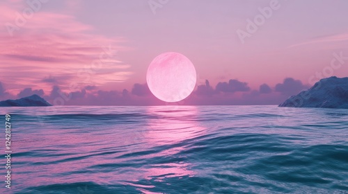 Pink Moon Setting Over Calm Ocean With Distant Mountains photo