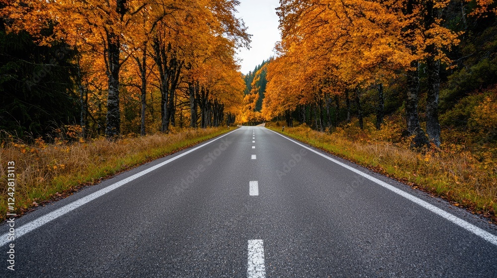 Fototapeta premium Autumnal road through golden forest. Travel photography