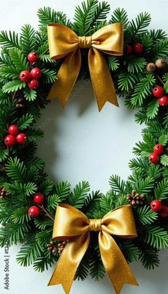 Evergreen wreath with golden bow and lush green holly, autumn, fall, nature Evergreen wreath with golden bow and lush green holly, autumn, fall, nature